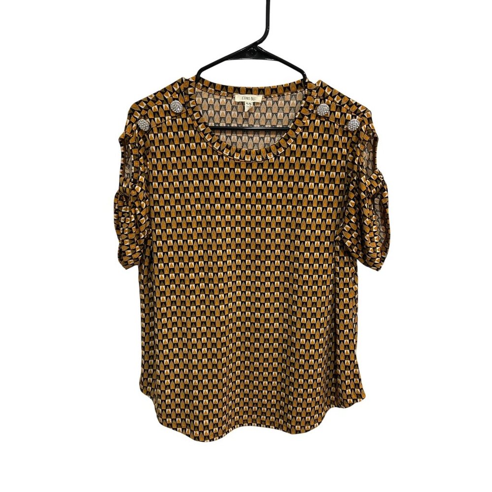 Como Blu Womens Top Geometric Print Yellow Black Rhinestone Button XL Maximalist